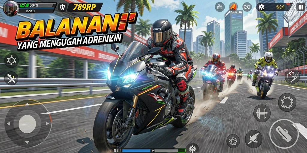Screenshot gameplay 789RP menampilkan aksi balapan motor yang mendebarkan.