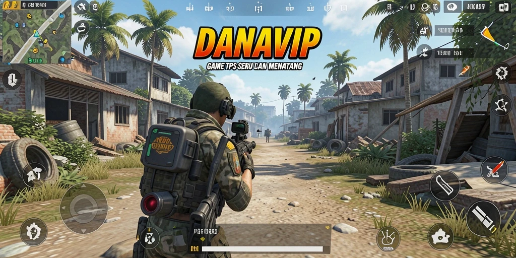 Tangkapan layar gameplay seru DANAVIP menampilkan aksi mendebarkan di arena pertempuran TPS.
