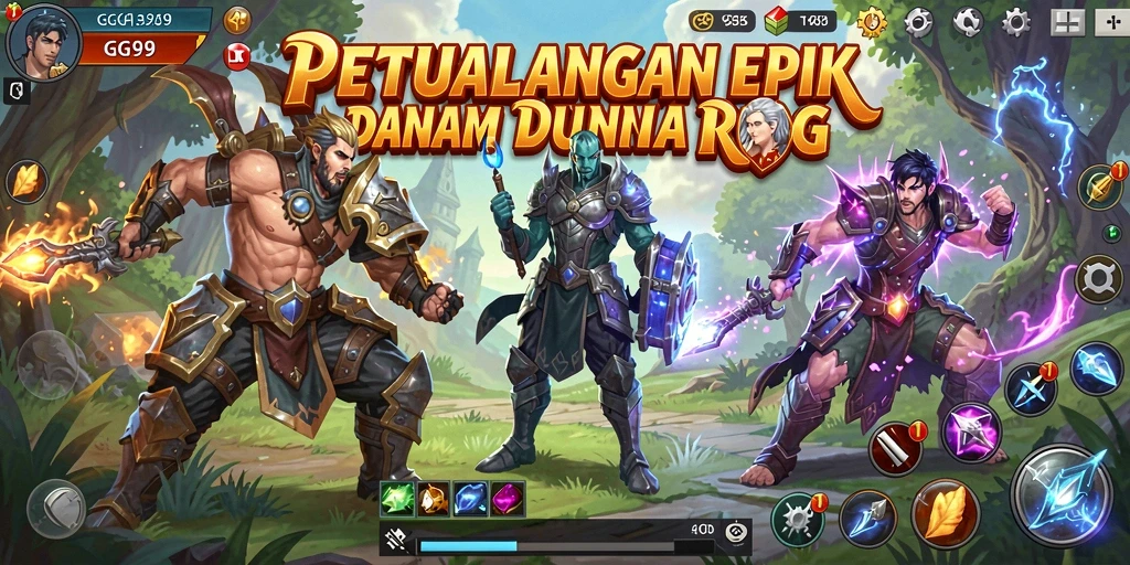 Tangkapan layar utama GG99 menampilkan aksi pertempuran RPG yang seru.