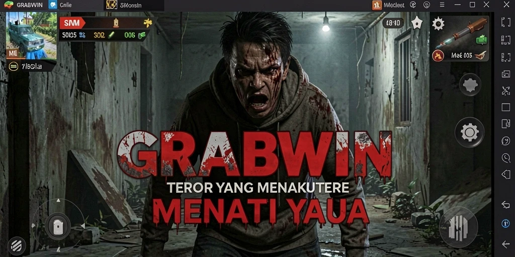 Tangkapan layar gameplay GRABWIN yang menampilkan suasana menegangkan dan elemen horor.