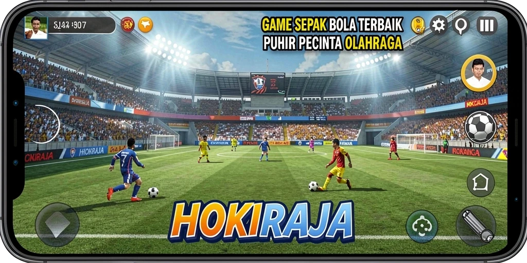 Tampilan gameplay HOKIRAJA yang seru dalam aksi sepak bola.