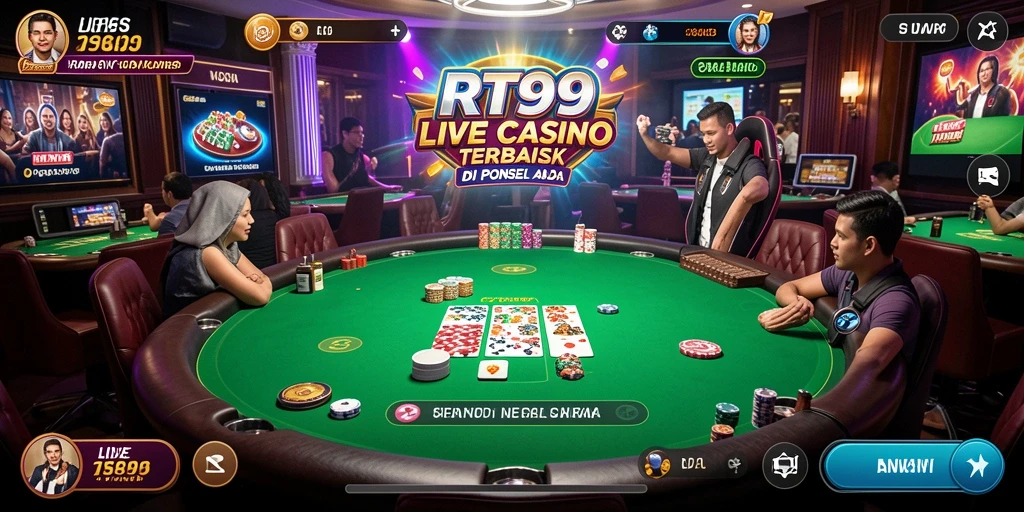 Screenshot RT99 menampilkan gameplay Live Casino yang mendebarkan dan interaksi dealer langsung.